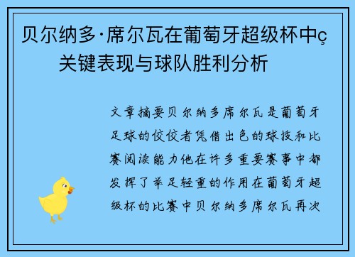 贝尔纳多·席尔瓦在葡萄牙超级杯中的关键表现与球队胜利分析