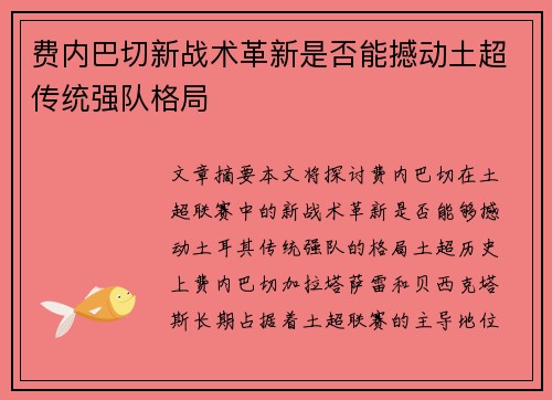 费内巴切新战术革新是否能撼动土超传统强队格局