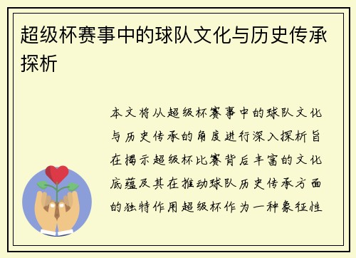 超级杯赛事中的球队文化与历史传承探析