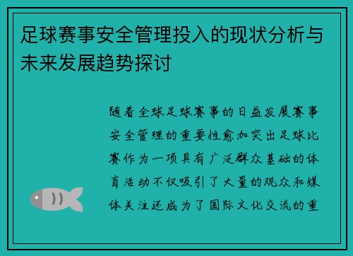 足球赛事安全管理投入的现状分析与未来发展趋势探讨