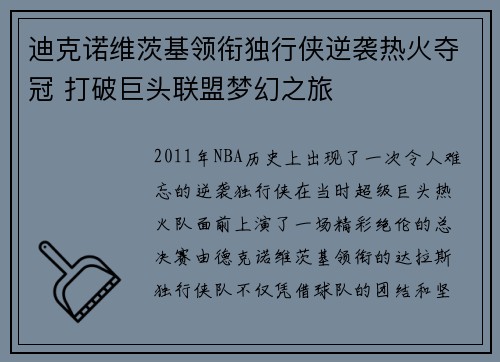 迪克诺维茨基领衔独行侠逆袭热火夺冠 打破巨头联盟梦幻之旅