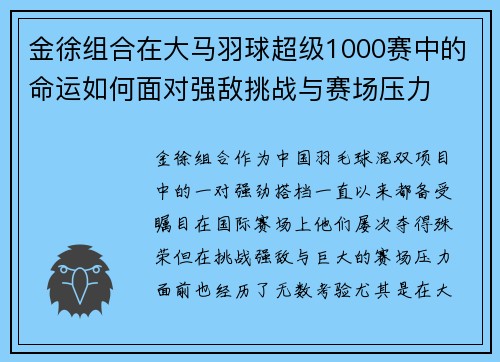 金徐组合在大马羽球超级1000赛中的命运如何面对强敌挑战与赛场压力