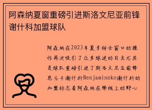 阿森纳夏窗重磅引进斯洛文尼亚前锋谢什科加盟球队