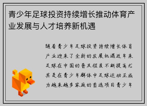 青少年足球投资持续增长推动体育产业发展与人才培养新机遇
