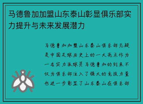 马德鲁加加盟山东泰山彰显俱乐部实力提升与未来发展潜力