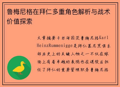 鲁梅尼格在拜仁多重角色解析与战术价值探索