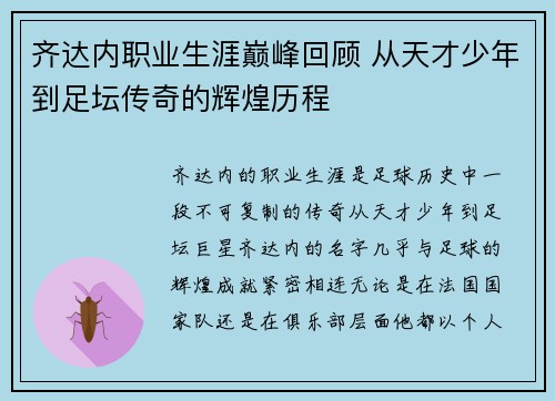 齐达内职业生涯巅峰回顾 从天才少年到足坛传奇的辉煌历程